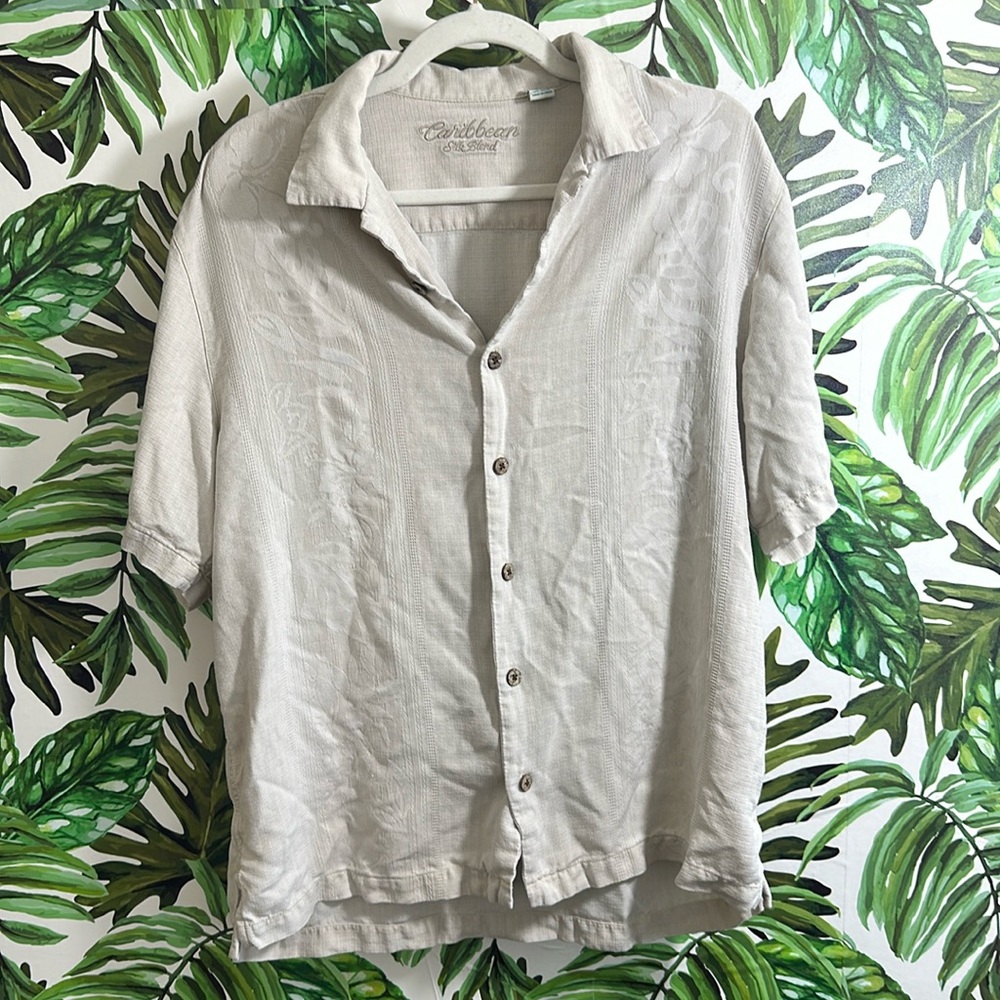 Caribbean Joe Men's Beige Silk Blend Button Up Short Sleeve Shirt